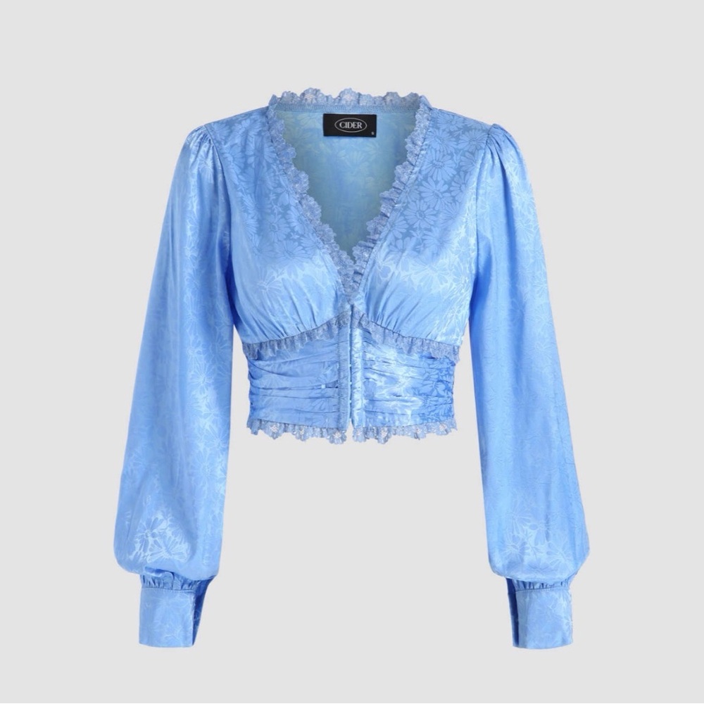 Cider Women's Blue Lace Trim Button Down Shirt